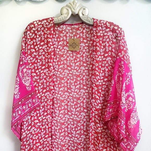 New Boho Gypsy Floral Sheer Chiffon Kimono Maxi Duster Jacket Cardigan Red Pink - Picture 3 of 10